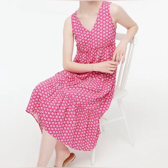 J Crew V Neck Midi Dress Size 6 Pink White Floral Tiered Summer Sundress Pockets - Picture 2 of 10
